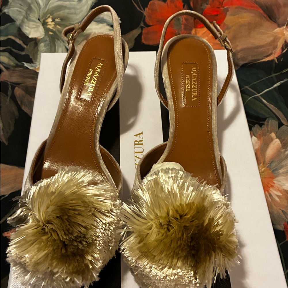 Aquazzura Cream and Gold Pom-Pom Slingback Sandals